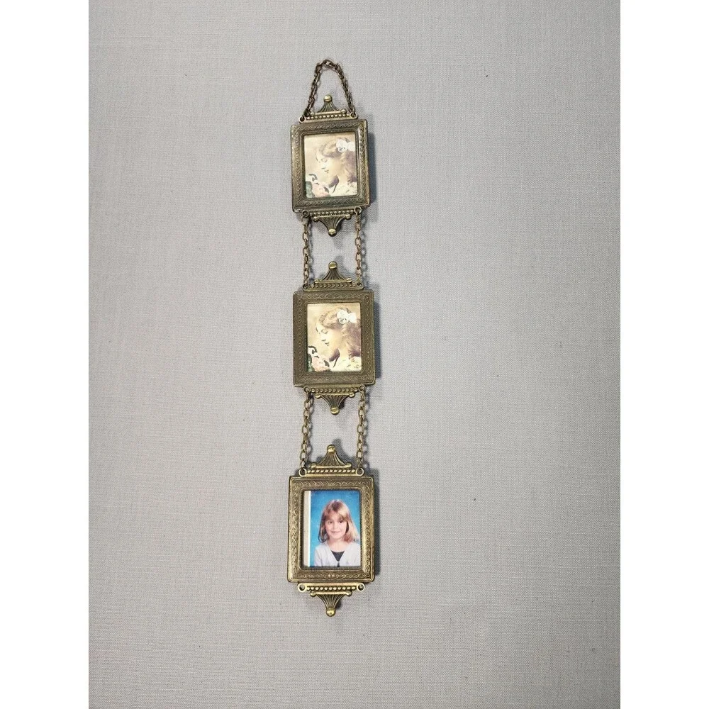 Vintage Brass Finish Triple Hanging Picture Frame Ornate Vertical Chain Photo